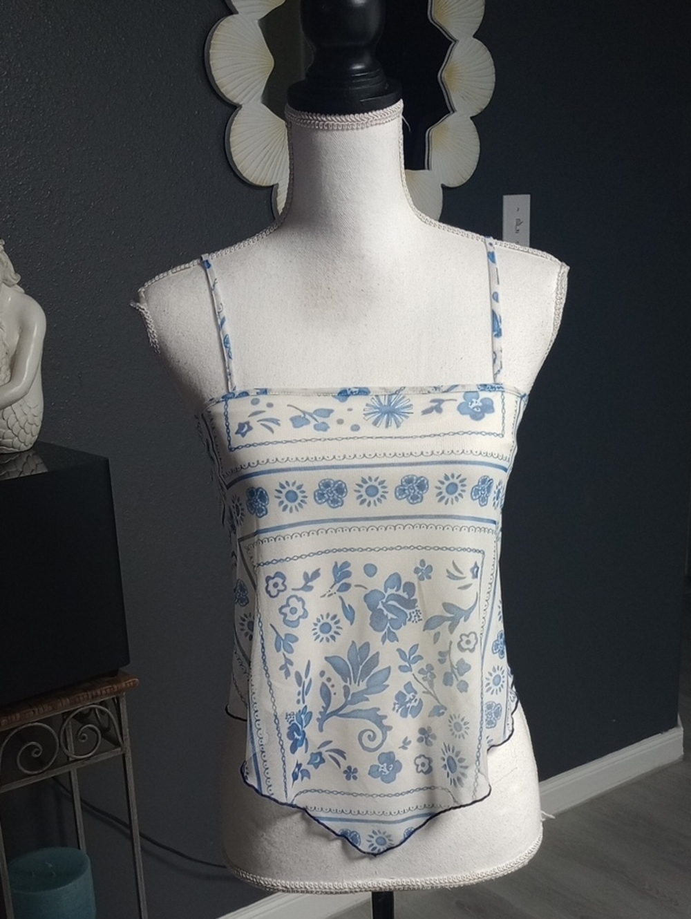 Blue Floral Square-Neck Handkerchief Cami Top